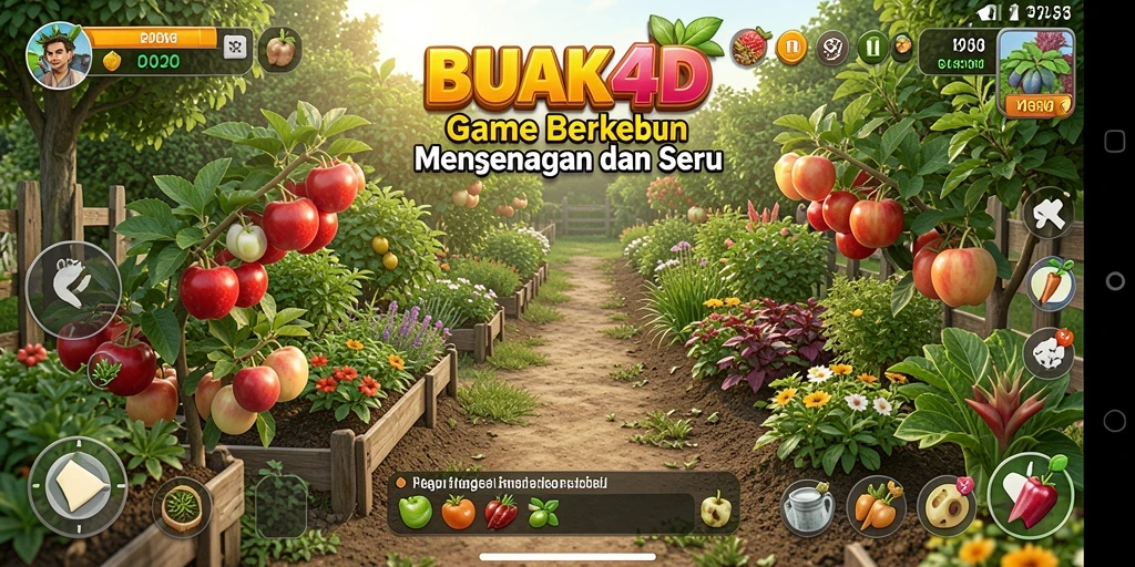 Tampilan menarik dari gameplay BUAH4D yang menggambarkan aktivitas berkebun dengan berbagai tanaman.