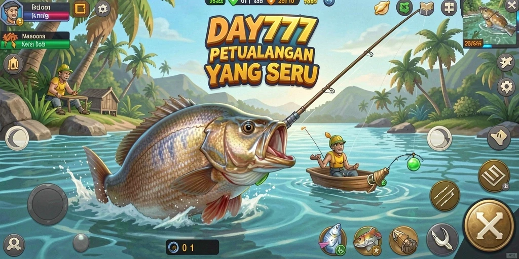Screenshot utama DAY777 menunjukkan aksi seru memancing di lokasi yang indah.