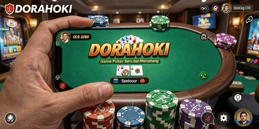 Screenshot gameplay DORAHOKI menunjukkan aksi poker yang mendebarkan.