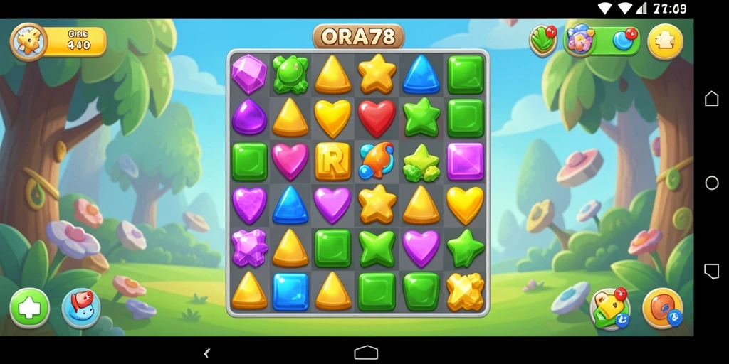 Screenshot ORA78 menampilkan gameplay seru dan kombinasi warna-warni permata.