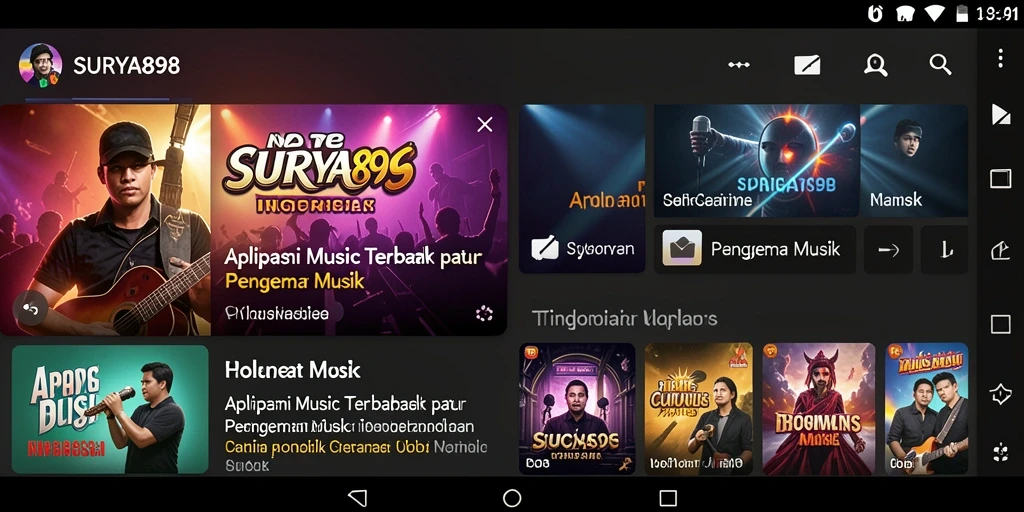 Screenshot SURYA898 menampilkan antarmuka menarik dengan berbagai pilihan musik.